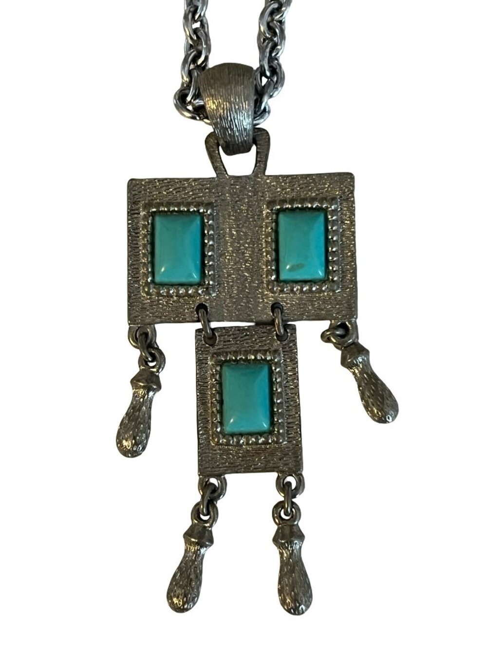 Vintage Sarah Coventry Turquoise Pendant Necklace Silver Tone Geometric Dangle 2